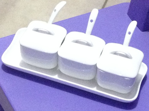Salt/Sugar/Pepper Cellar Set w/ Spoons, Covers/Lids, & Tray